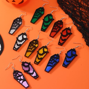 Halloween Coffin Drop Earrings Acrylic Hollow Spider Web Bat Goth Retro Jewelry With Stainless Steel Earring Post For Women