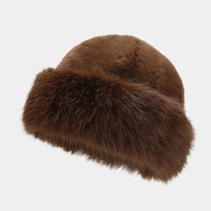 Thick warm faux fur bucket hat in deep brown for winter outdoor cold protection