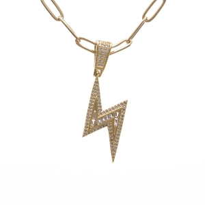 Gold lightning bolt pendant necklace with sparkling cubic zirconia on rectangle link chain