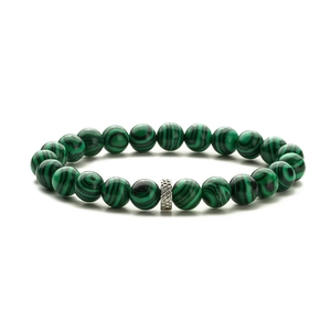 Handcrafted malachite bead bracelet with vintage silver-toned engraved metal spacer