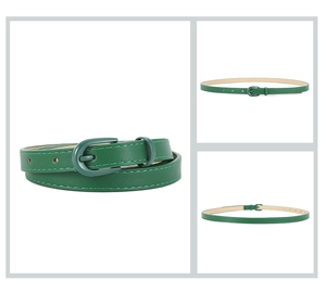 Detailed views of a slim green PU leather belt with a classic metal pin buckle closure