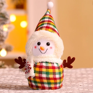 Christmas snowman plush doll with festive red and green plaid decor for holiday home display