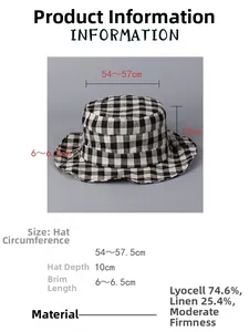 Size chart showing circumference and depth for this plaid linen blend fisherman hat