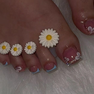 Unghie Finte Per Piedi French Tip Blu Chiaro Fiore Bianco Strass Quadrate Unghie Piedi Rimovibili Stile Dolce