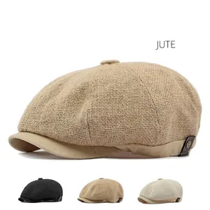 Breathable jute newsboy cap for men and women, vintage ivy hat in light brown jute fabric