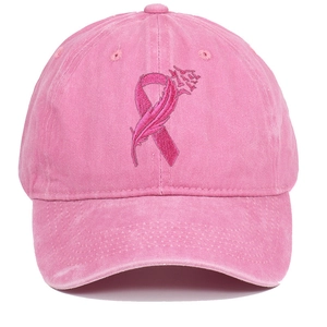 Baseball Cap Washed Cotton Adjustable Vintage Retro Pink Ribbon Embroidery Breast Cancer Awareness Sun Protection Breathable