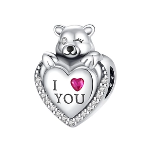 Silver bear charm hugging a heart with I LOVE YOU engraving and red gemstone