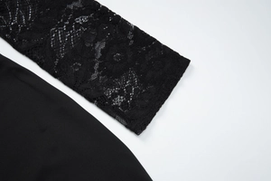 Detailed close-up of intricate black floral lace texture on a long sleeve dress