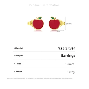 Detail view of 925 silver red apple earrings with green leaf and size specifications