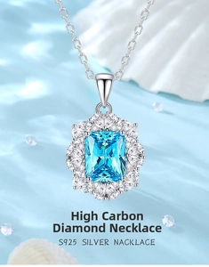 Macro detail of S925 silver necklace with oval sea blue stone and floral diamond halo