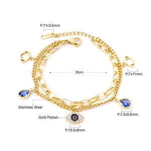 Detailed view of gold plated stainless steel bracelet with evil eye and blue drop charms