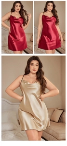 Detail of satin slip nightgown with draped cowl neck and thin spaghetti straps