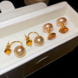18K gold plated pearl and amber crystal earrings in a retro French style jewelry box