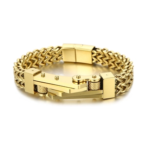 Cool stainless steel dragon bone chain bracelet for men with golden mechanical link design
