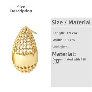 Detailed view of 18K gold plated teardrop earrings with precise dimensions 1.9cm by 1.1cm
