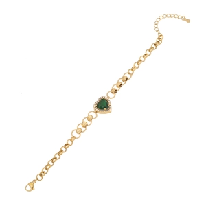 Gold stainless steel bracelet featuring a green heart gemstone and white zircon pavé