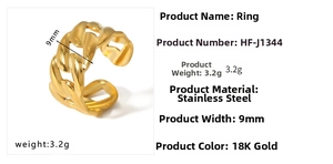 Detailed spec sheet showing 9mm wide gold stainless steel Cuban link chain ring specs