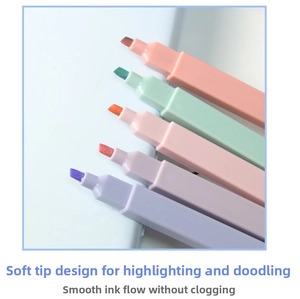Close-up of soft chisel tip highlighters in pastel colors for smooth marking and journaling