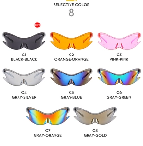 Detailed grid view showcasing eight colorful Y2K sporty wraparound sunglasses