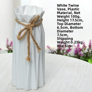 Detail of white corrugated plastic vase with hemp rope bow showing 17.5cm height dimension