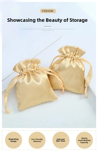 Detailed view of champagne gold satin drawstring pouches for jewelry storage and gifts