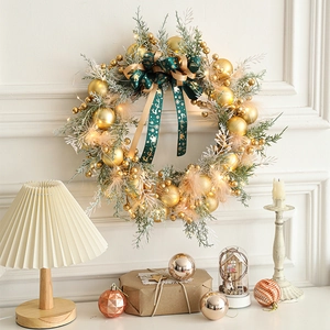 Luxury 40cm Christmas wreath with gold ornaments, pine needles and LED lights for door decor