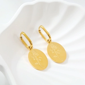 Vintage Gold Stainless Steel Rose Flower Relief Drop Earrings For Women Elegant Oval Floral Pendant Earrings Fashion Jewelry