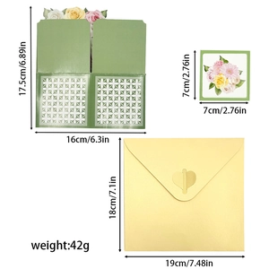 3D pop-up green flower greeting card set with envelopes and size dimensions
