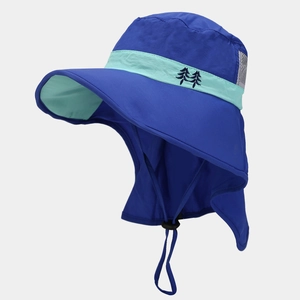 Macro view of kids sun hat featuring extended neck flap and breathable side mesh panels