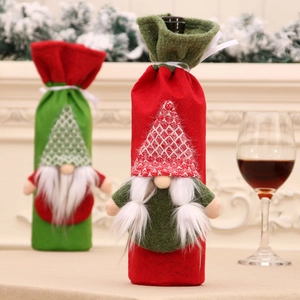 Christmas gnome wine bottle covers with knitted hats and long white beards for table decor