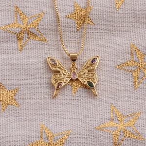 Golden butterfly pendant necklace with colorful zircons and hollow wings on box chain