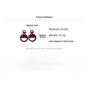 Detailed view of acrylic geometric earrings with size and 21.3g weight specifications