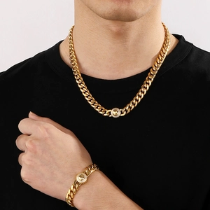 Parure chaîne cubaine 10mm dorée polie avec fermoir logo G serti de diamants pour homme
