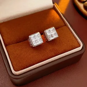 Boucles Oreilles Clous Géométriques Carrés Avec Zircone Et Tige En Argent Sterling 925 Bijoux Luxe Élégants Pour Femmes
