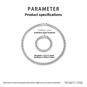 Detailed size chart for stainless steel Cuban link chain necklace and bracelet set