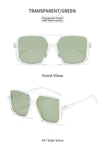 Front and side view of transparent green lens semi-rimless retro square sunglasses