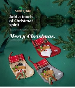 Three-piece Christmas stocking set in red, beige, and grey with 3D festive characters