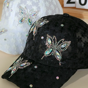 Breathable lace baseball cap featuring sparkling rhinestone butterfly patterns in black and white