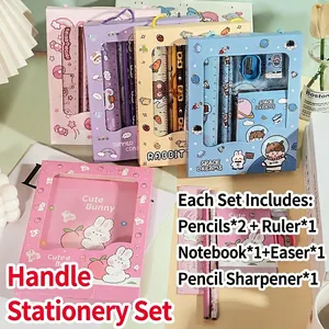 Cartoon stationery set for school with pencils ruler and notebook in pastel colors