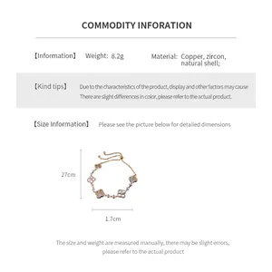 Detailed view of the 27cm copper bracelet with zircon and 1.7cm shell clover element