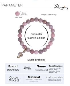 Bracelet en pierre zèbre rose de 8mm avec breloque clé de sol et dimensions