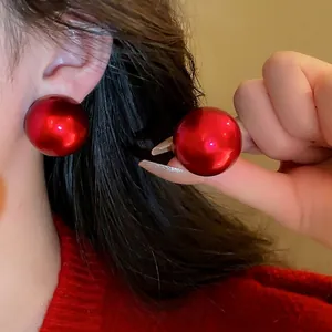 Red Round Imitation Shell Artificial Pearl Stud Earrings With 925 Sterling Silver Earring Post Alloy Glossy Oversized For Women