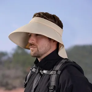 Beige men's ice silk sun hat with wide brim and neck protection for outdoor hiking