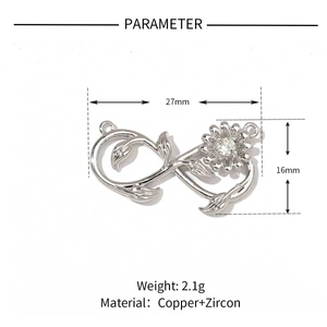 Detailed view of silver infinity charm with floral design, dimensions and material specs