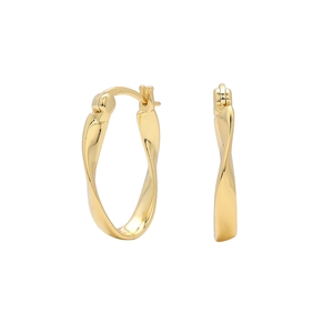 Detail view of twisted gold hoop earrings showing fine metal texture and mobius design