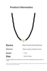 Vue détaillée du collier ras du cou en cristal noir avec perle et dimensions
