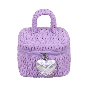 Lavender quilted makeup bag with woven handle and large silver heart pendant on zipper