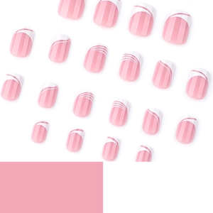 French style short square press-on nails with pink base and white wavy line patterns