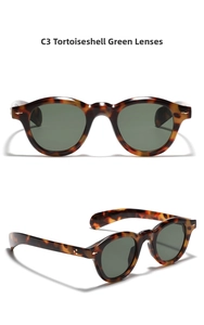 Detail view of round retro tortoise shell sunglasses with green lenses and gold metal studs