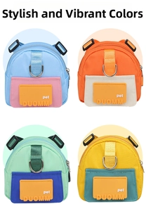 Detailed grid of colorful waterproof pet backpacks with adjustable straps and metal rings